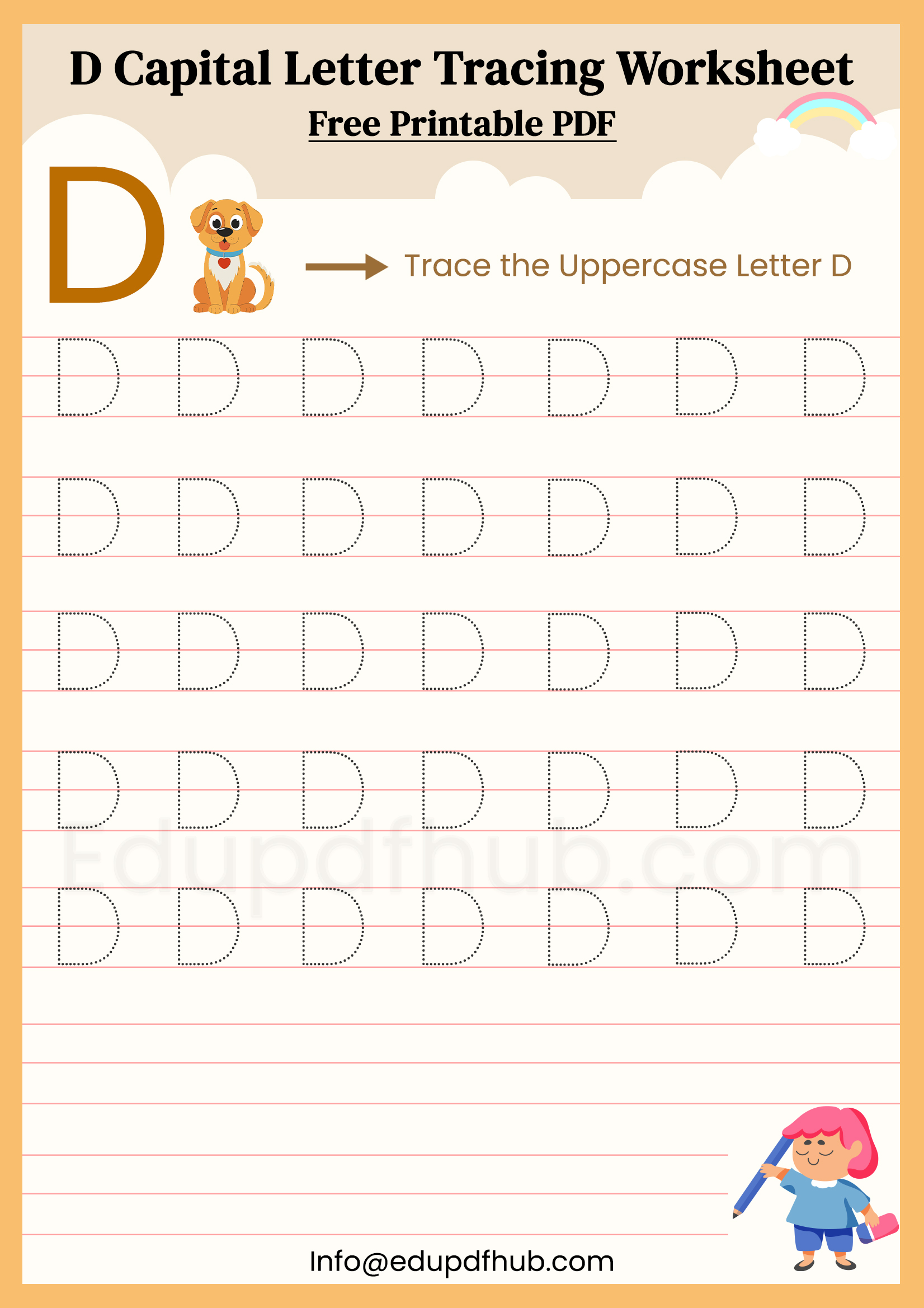 D Capital Letter Tracing Worksheet Printable PDF for Kids